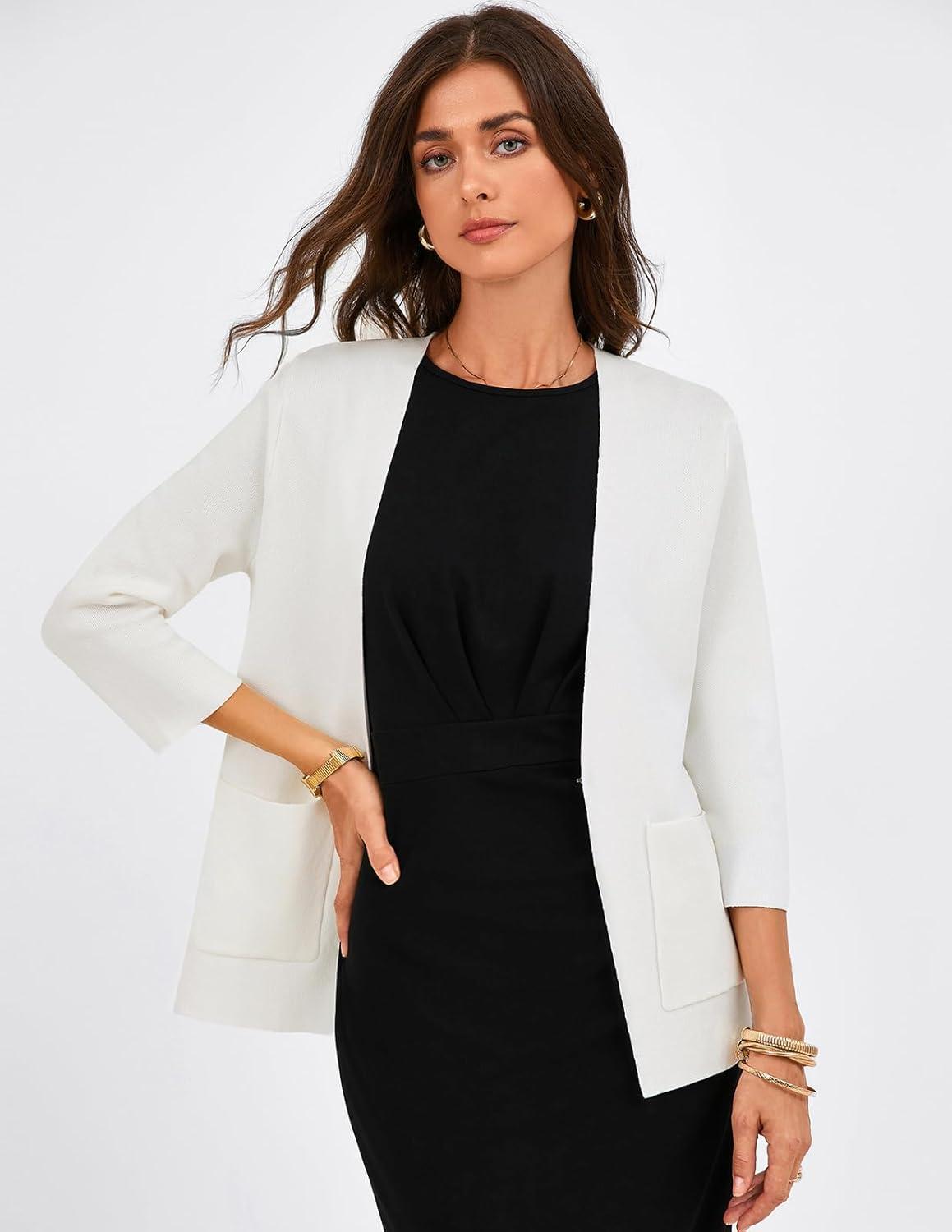 imageGRACE KARIN Women 34 Sleeve Sweater Blazer Lightweight Open Front Cardigan Knit Jackets Business Casual with PocketsWhite