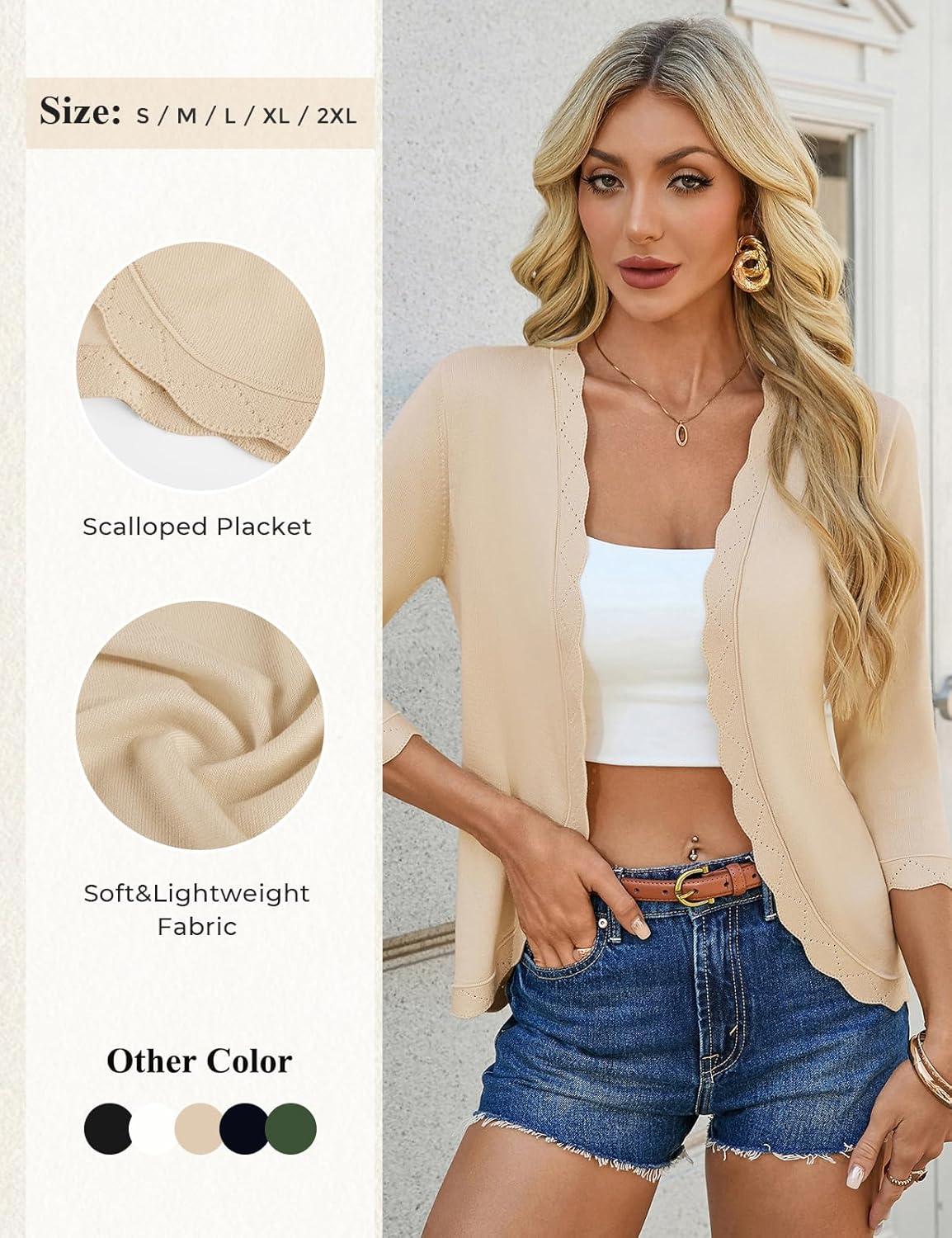 imageGRACE KARIN Women Lightweight Summer Cardigans 34 Sleeve Cropped Cardigan Sweaters Open Front Bolero ShrugApricot