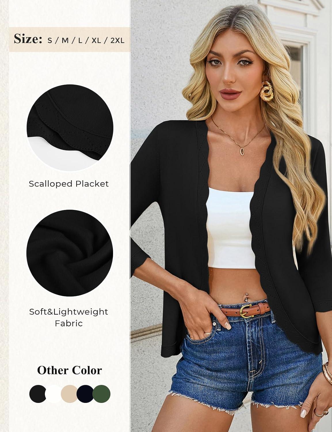 imageGRACE KARIN Women Lightweight Summer Cardigans 34 Sleeve Cropped Cardigan Sweaters Open Front Bolero ShrugBlack