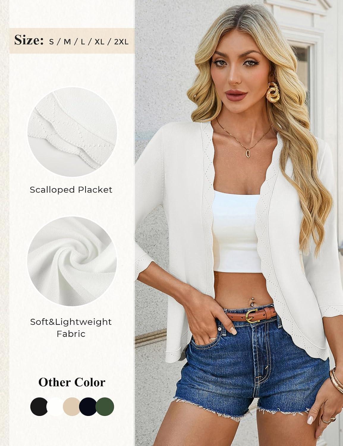 imageGRACE KARIN Women Lightweight Summer Cardigans 34 Sleeve Cropped Cardigan Sweaters Open Front Bolero ShrugIvory White