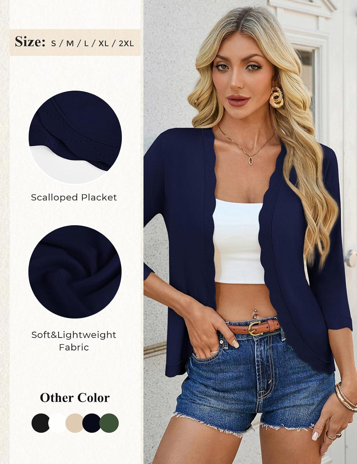 imageGRACE KARIN Women Lightweight Summer Cardigans 34 Sleeve Cropped Cardigan Sweaters Open Front Bolero ShrugNavy Blue
