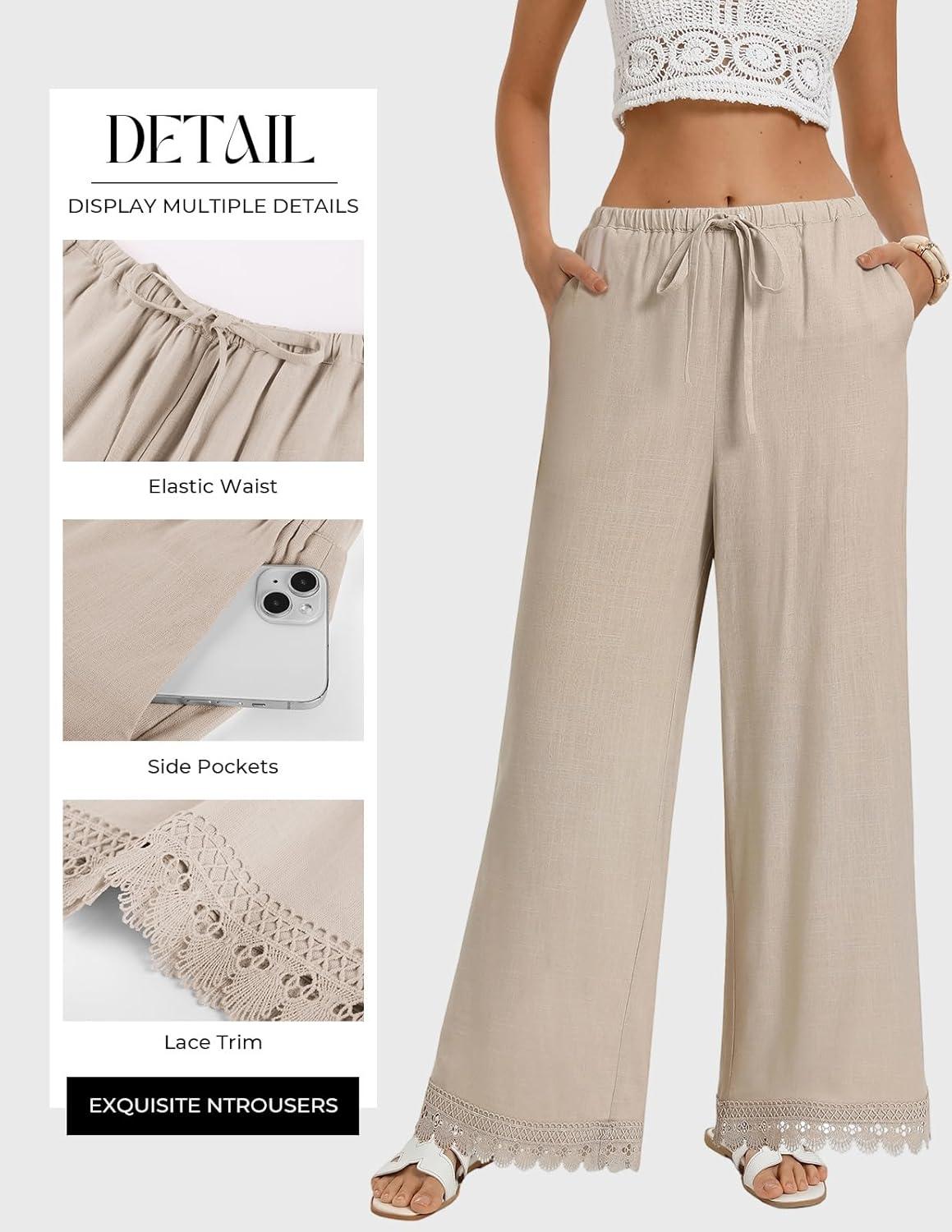 imageGRACE KARIN Women Linen Pants Wide Leg Casual Palazzo Pants Flowy Beach Summer Trousers Pants with PocketsApricot