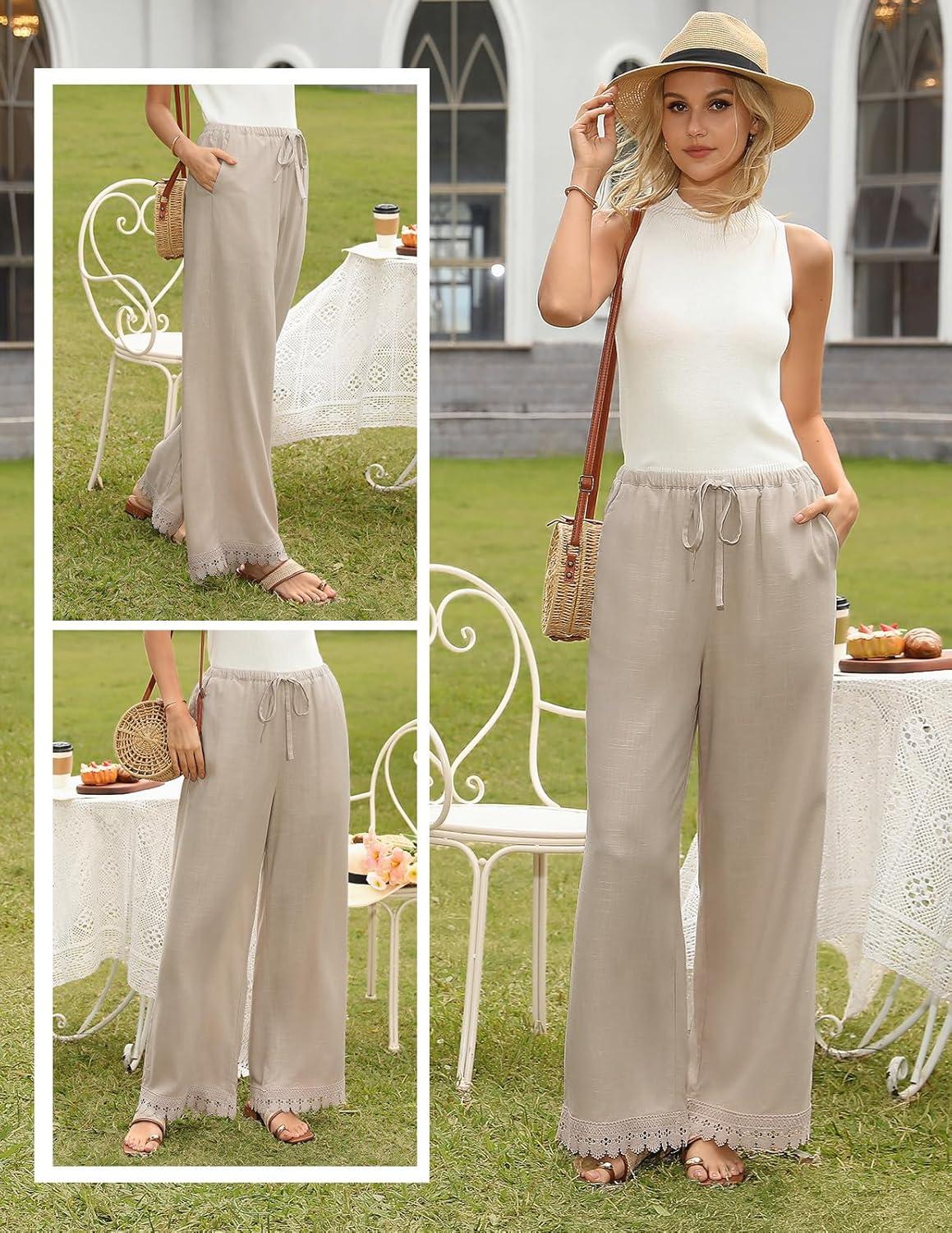 imageGRACE KARIN Women Linen Pants Wide Leg Casual Palazzo Pants Flowy Beach Summer Trousers Pants with PocketsApricot