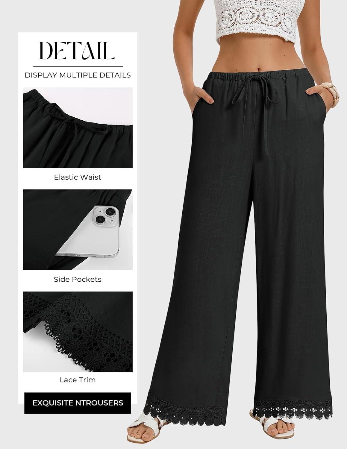 imageGRACE KARIN Women Linen Pants Wide Leg Casual Palazzo Pants Flowy Beach Summer Trousers Pants with PocketsBlack