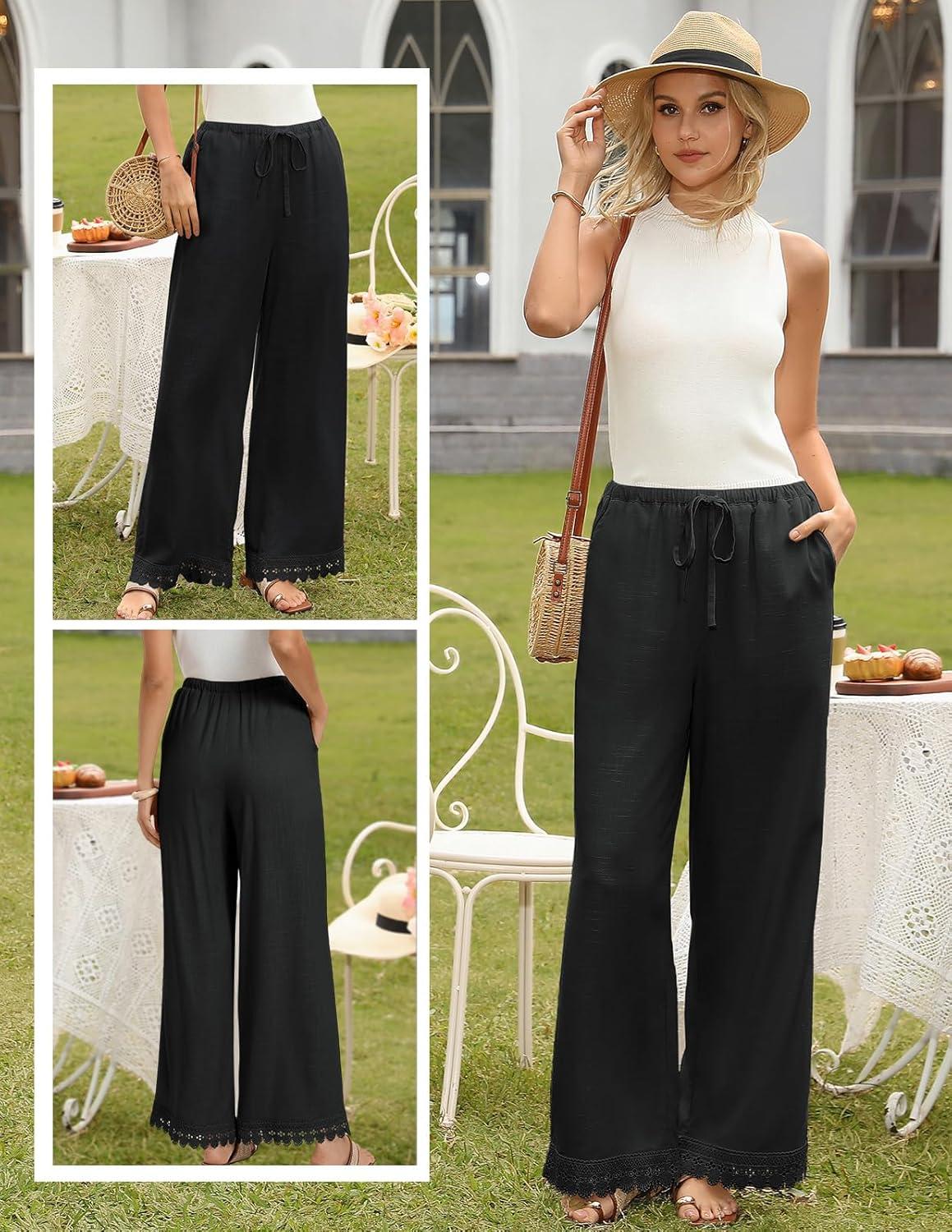 imageGRACE KARIN Women Linen Pants Wide Leg Casual Palazzo Pants Flowy Beach Summer Trousers Pants with PocketsBlack