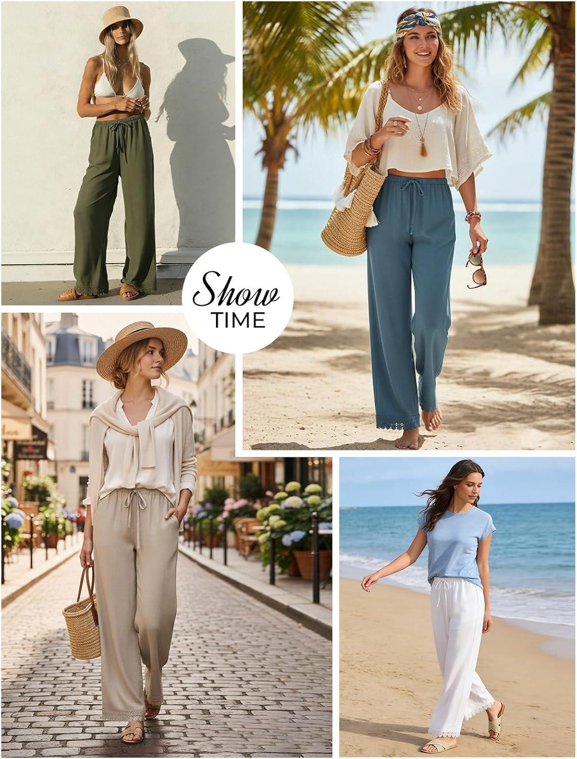 imageGRACE KARIN Women Linen Pants Wide Leg Casual Palazzo Pants Flowy Beach Summer Trousers Pants with PocketsGreen