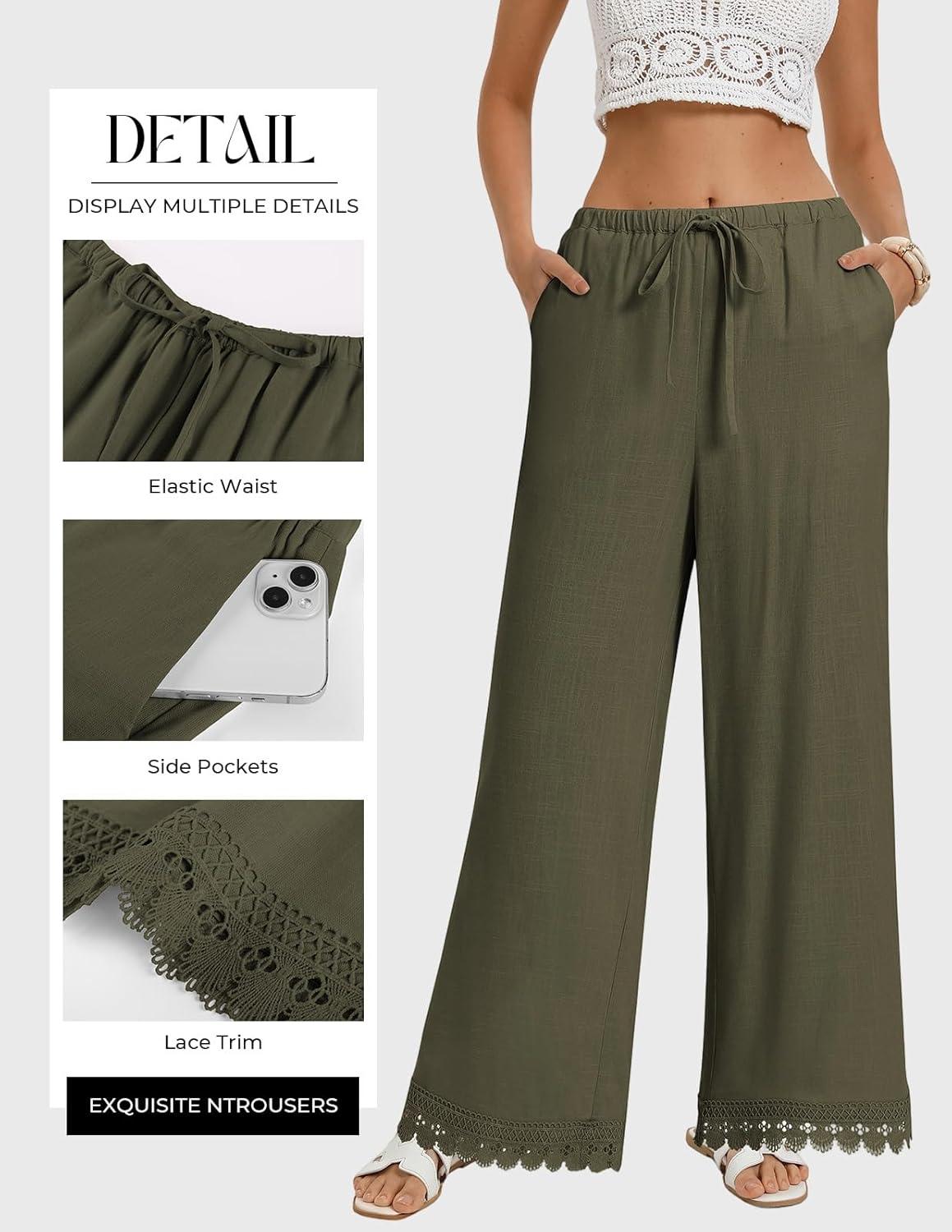 imageGRACE KARIN Women Linen Pants Wide Leg Casual Palazzo Pants Flowy Beach Summer Trousers Pants with PocketsGreen