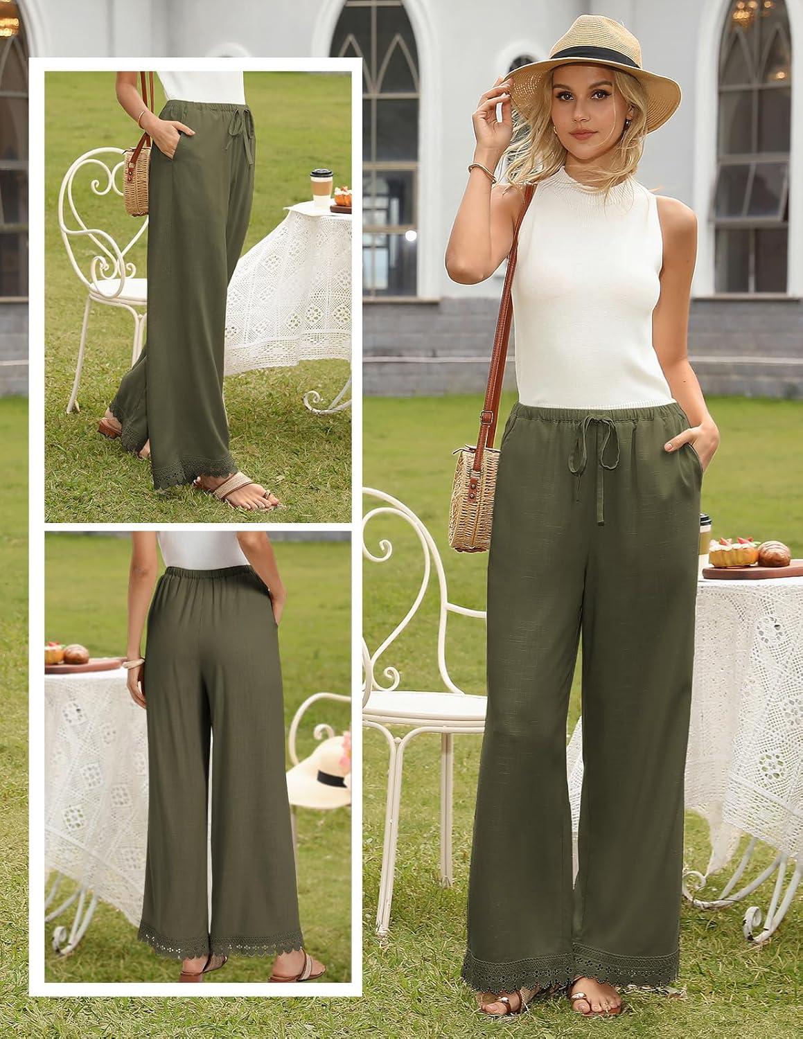 imageGRACE KARIN Women Linen Pants Wide Leg Casual Palazzo Pants Flowy Beach Summer Trousers Pants with PocketsGreen