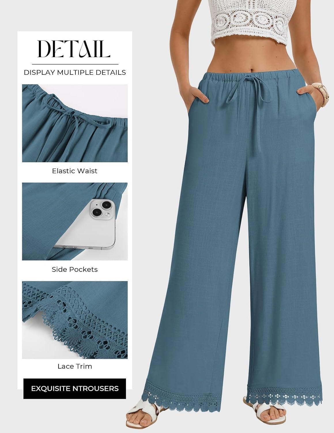 imageGRACE KARIN Women Linen Pants Wide Leg Casual Palazzo Pants Flowy Beach Summer Trousers Pants with PocketsGrey Blue