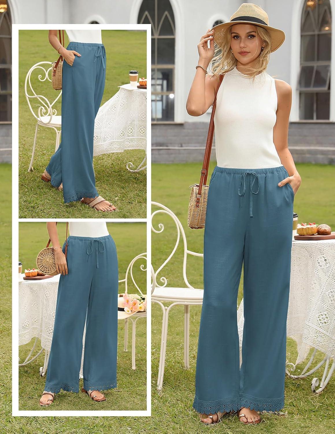 imageGRACE KARIN Women Linen Pants Wide Leg Casual Palazzo Pants Flowy Beach Summer Trousers Pants with PocketsGrey Blue