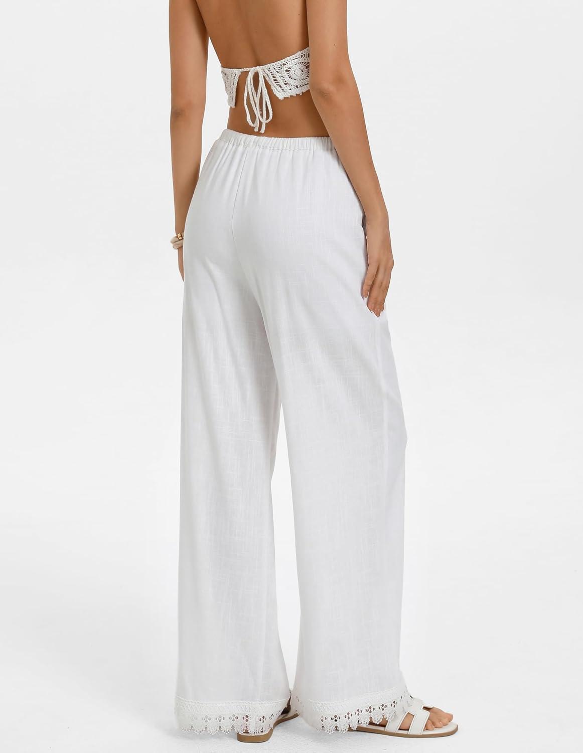 imageGRACE KARIN Women Linen Pants Wide Leg Casual Palazzo Pants Flowy Beach Summer Trousers Pants with PocketsWhite