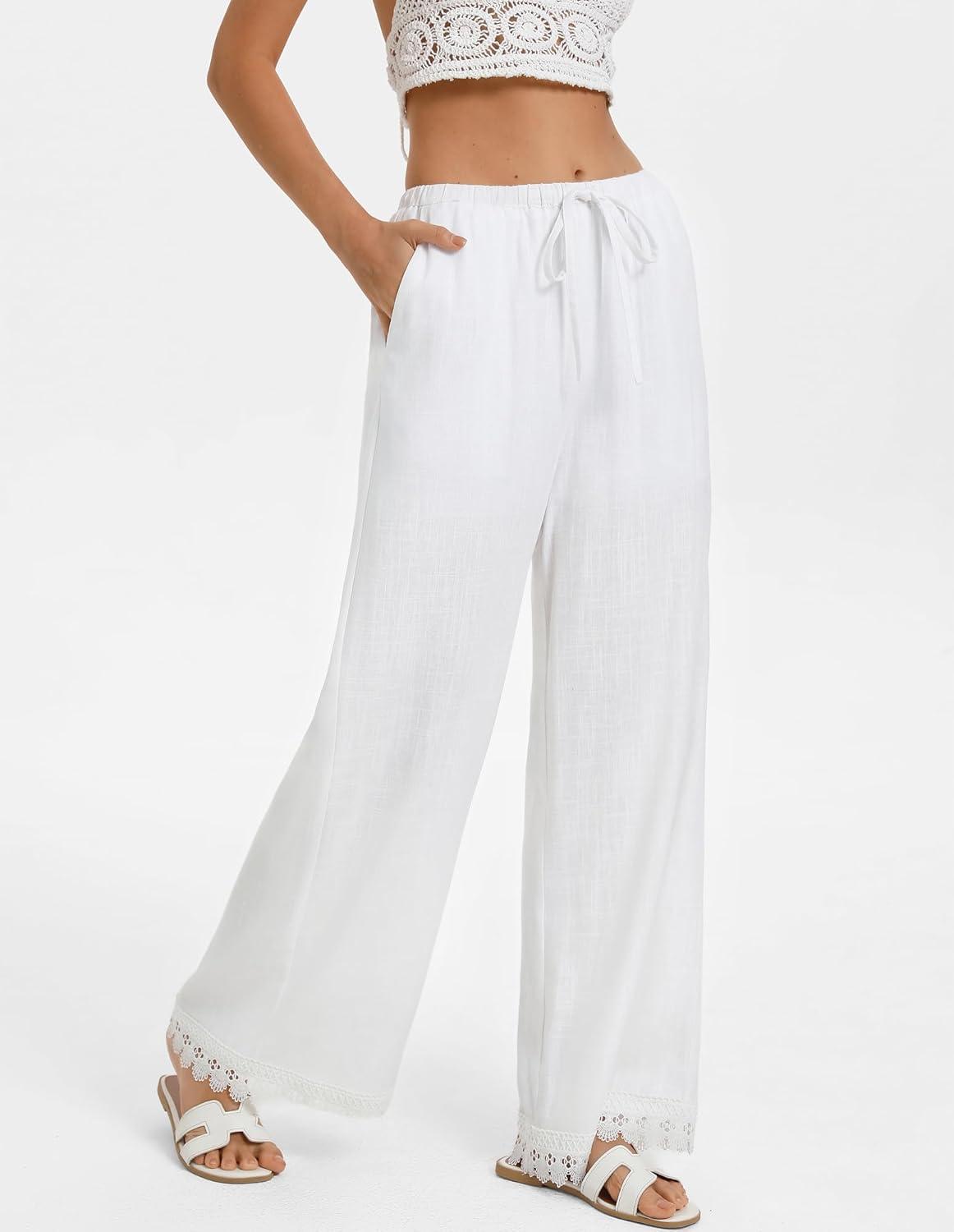 imageGRACE KARIN Women Linen Pants Wide Leg Casual Palazzo Pants Flowy Beach Summer Trousers Pants with PocketsWhite