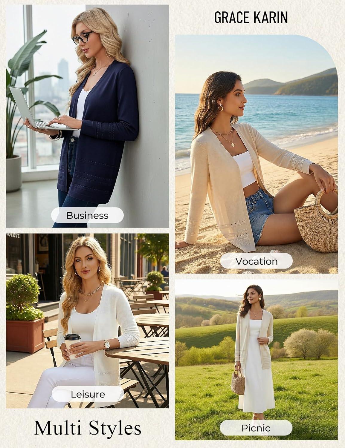 imageGRACE KARIN Women Long Cardigan Lightweight Spring Cardigans Long Sleeve V Neck Open Front Sweater 2026Apricot