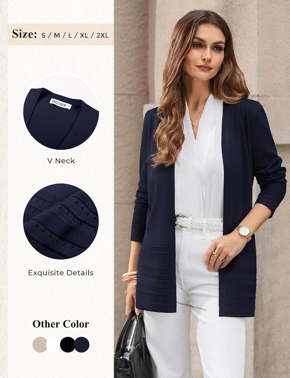 imageGRACE KARIN Women Long Cardigan Lightweight Spring Cardigans Long Sleeve V Neck Open Front Sweater 2026Navy Blue