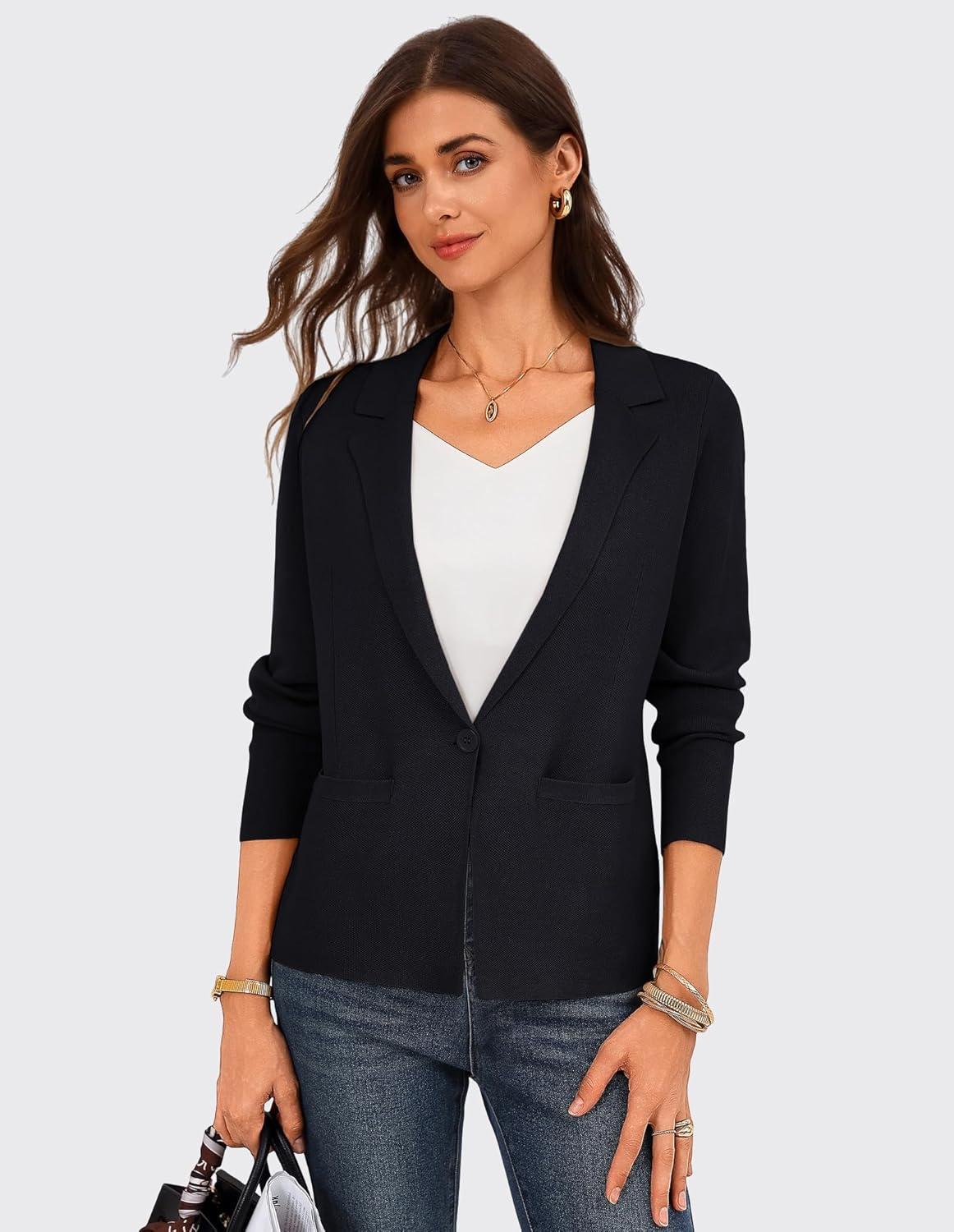 imageGRACE KARIN Women Sweater Blazer Business Casual 2026 Knit Suit Jackets Long Sleeve Lightweight Cardigan Work OfficeBlack
