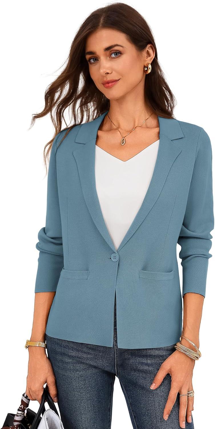 imageGRACE KARIN Women Sweater Blazer Business Casual 2026 Knit Suit Jackets Long Sleeve Lightweight Cardigan Work OfficeBluegray
