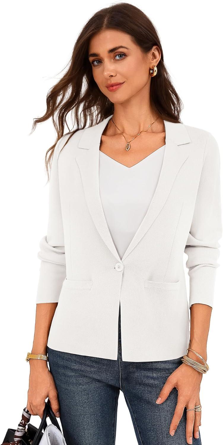 imageGRACE KARIN Women Sweater Blazer Business Casual 2026 Knit Suit Jackets Long Sleeve Lightweight Cardigan Work OfficeIvory White