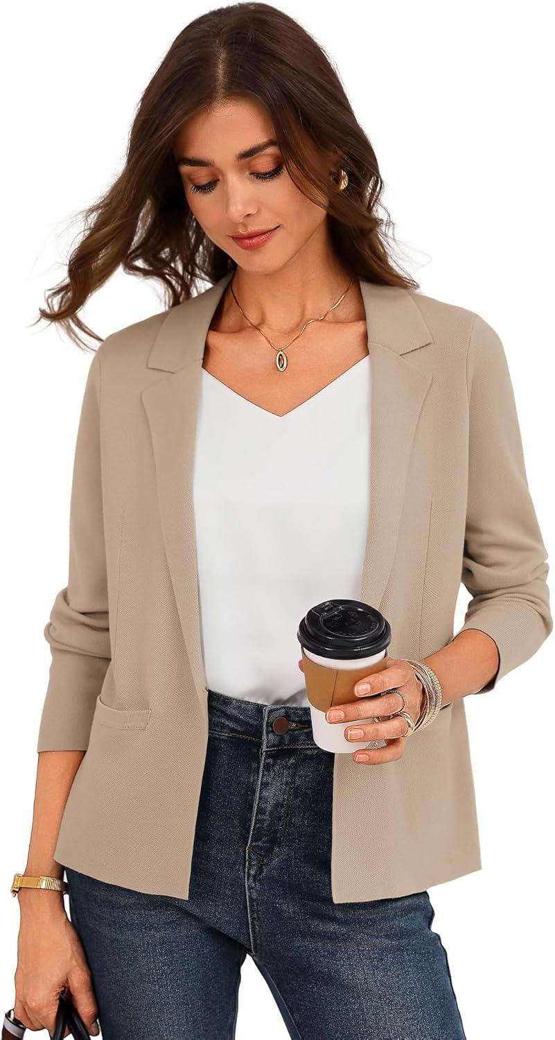 imageGRACE KARIN Women Sweater Blazer Business Casual 2026 Knit Suit Jackets Long Sleeve Lightweight Cardigan Work OfficeKhaki