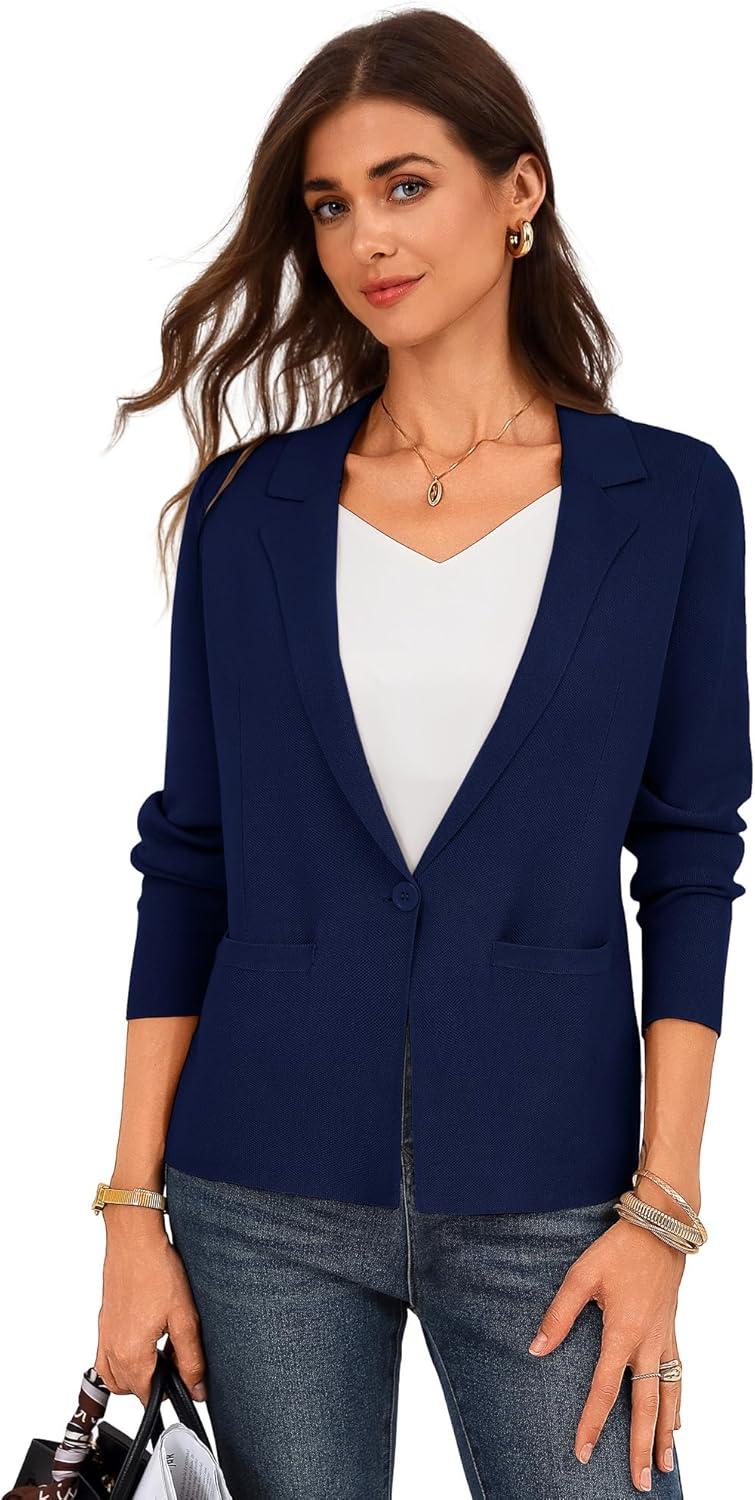 imageGRACE KARIN Women Sweater Blazer Business Casual 2026 Knit Suit Jackets Long Sleeve Lightweight Cardigan Work OfficeNavy Blue