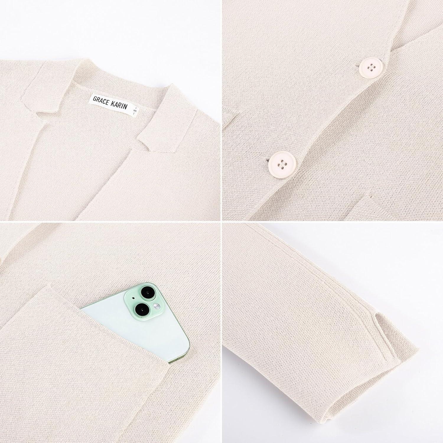 imageGRACE KARIN Women Sweater Blazer Business Casual Knit Cardigan 2026 Long Sleeve Suit Jackets Work Blazers with PocketsBeige