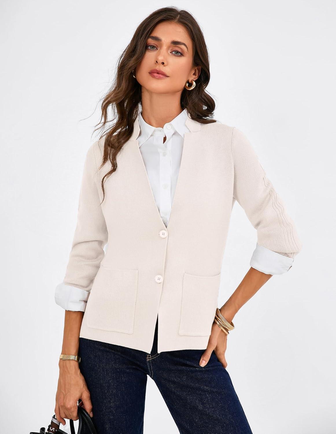imageGRACE KARIN Women Sweater Blazer Business Casual Knit Cardigan 2026 Long Sleeve Suit Jackets Work Blazers with PocketsBeige