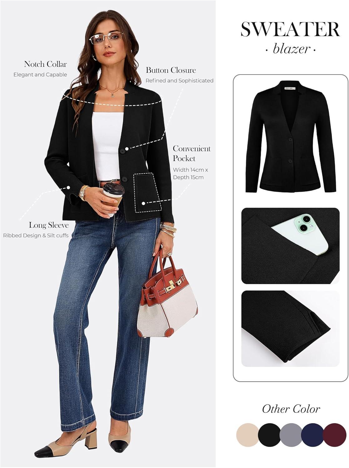 imageGRACE KARIN Women Sweater Blazer Business Casual Knit Cardigan 2026 Long Sleeve Suit Jackets Work Blazers with PocketsBlack