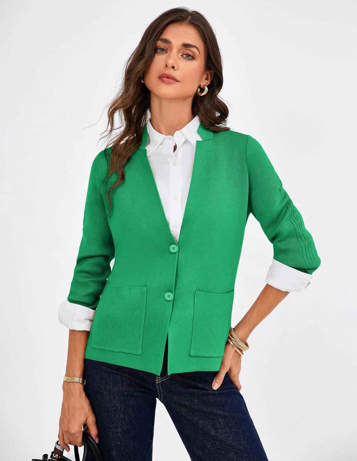 imageGRACE KARIN Women Sweater Blazer Business Casual Knit Cardigan 2026 Long Sleeve Suit Jackets Work Blazers with PocketsGreen