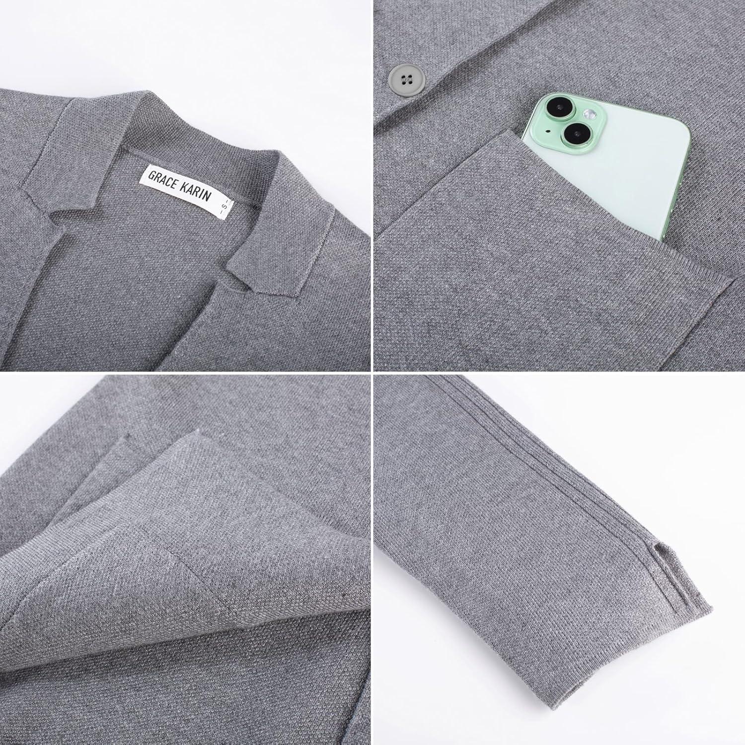 imageGRACE KARIN Women Sweater Blazer Business Casual Knit Cardigan 2026 Long Sleeve Suit Jackets Work Blazers with PocketsGrey