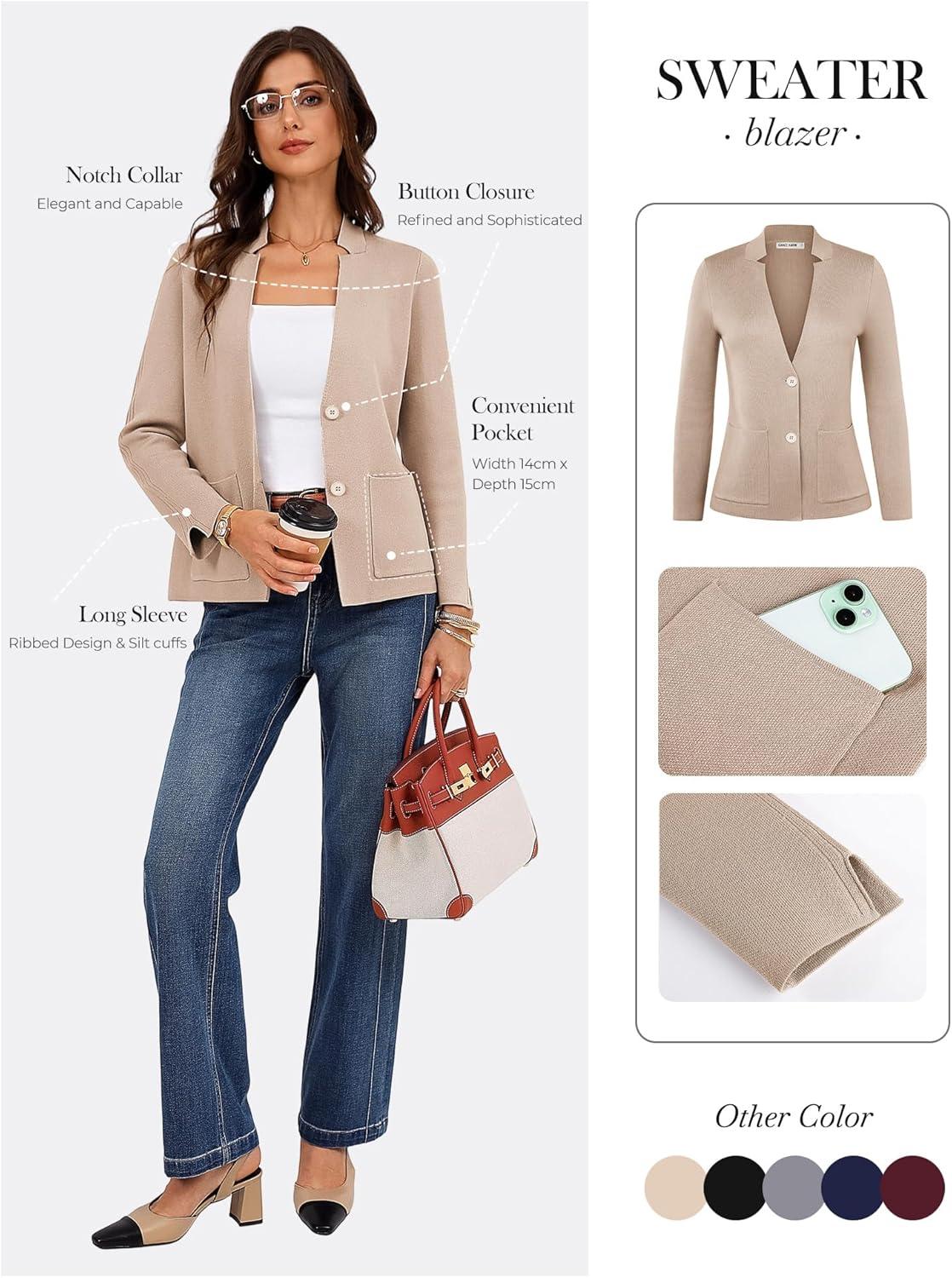 imageGRACE KARIN Women Sweater Blazer Business Casual Knit Cardigan 2026 Long Sleeve Suit Jackets Work Blazers with PocketsKhaki