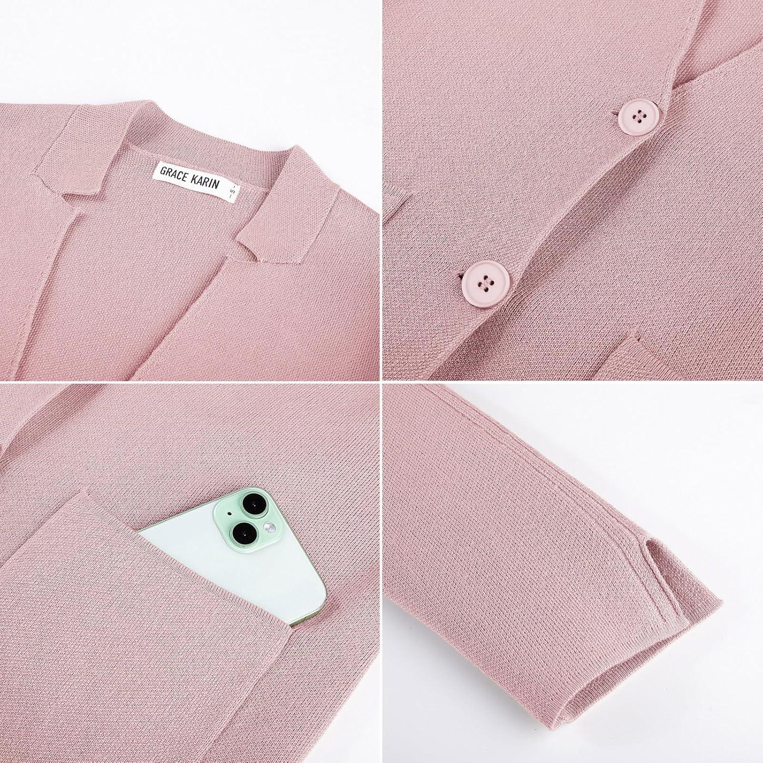 imageGRACE KARIN Women Sweater Blazer Business Casual Knit Cardigan 2026 Long Sleeve Suit Jackets Work Blazers with PocketsPink