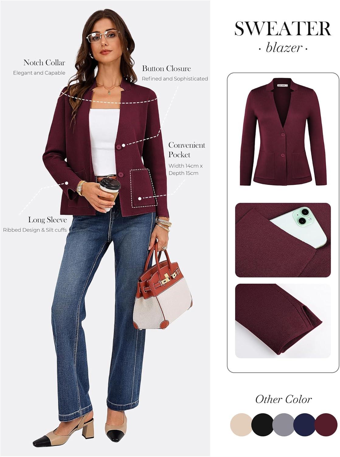 imageGRACE KARIN Women Sweater Blazer Business Casual Knit Cardigan 2026 Long Sleeve Suit Jackets Work Blazers with PocketsWine Red