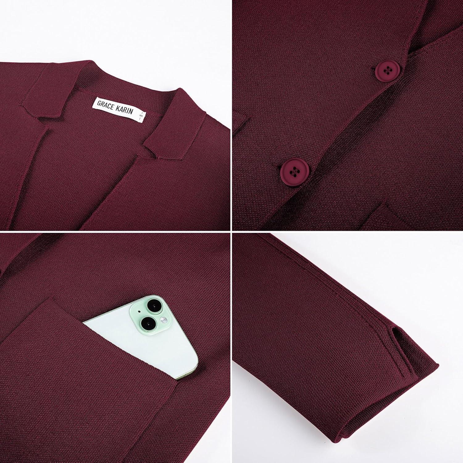 imageGRACE KARIN Women Sweater Blazer Business Casual Knit Cardigan 2026 Long Sleeve Suit Jackets Work Blazers with PocketsWine Red