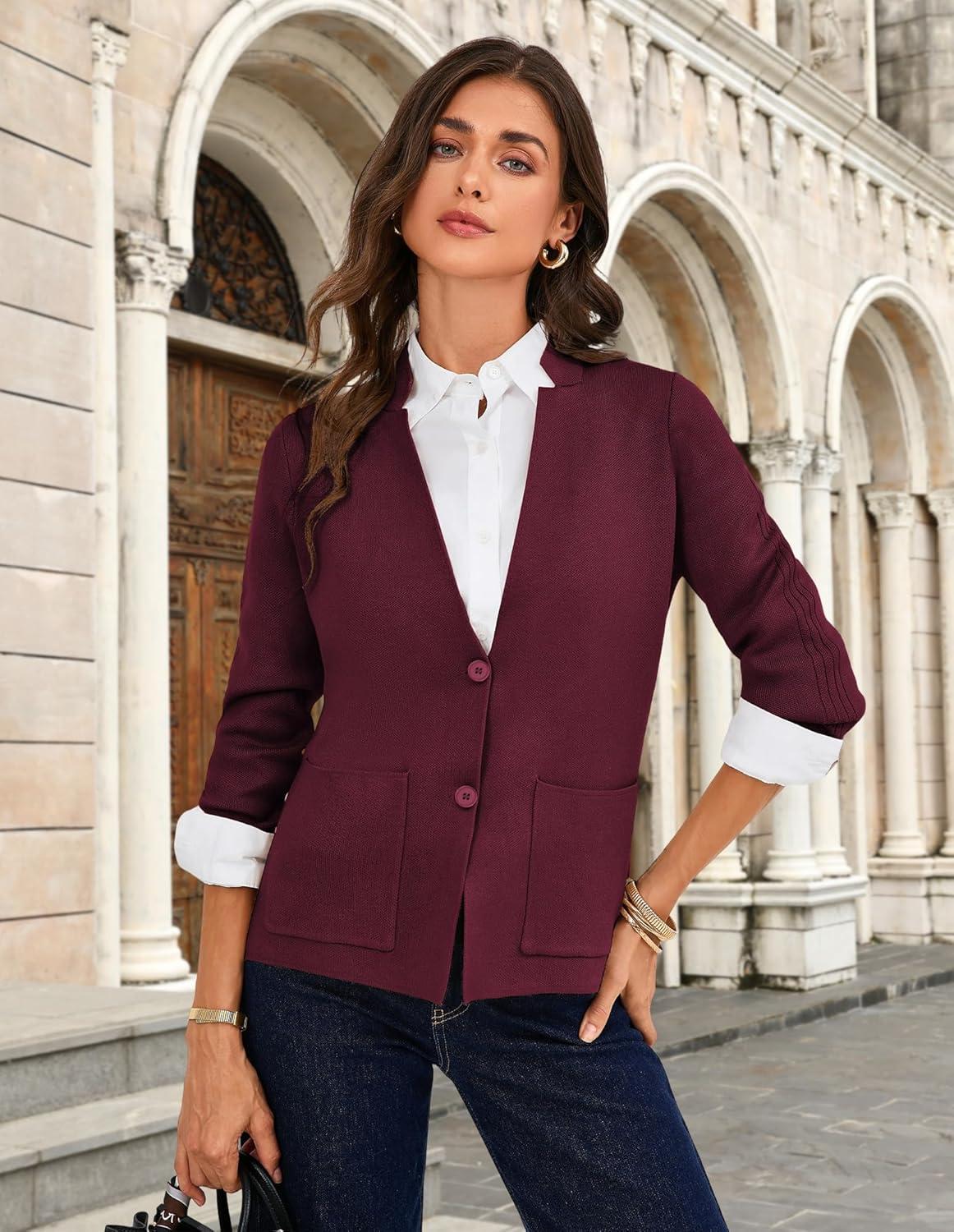 imageGRACE KARIN Women Sweater Blazer Business Casual Knit Cardigan 2026 Long Sleeve Suit Jackets Work Blazers with PocketsWine Red
