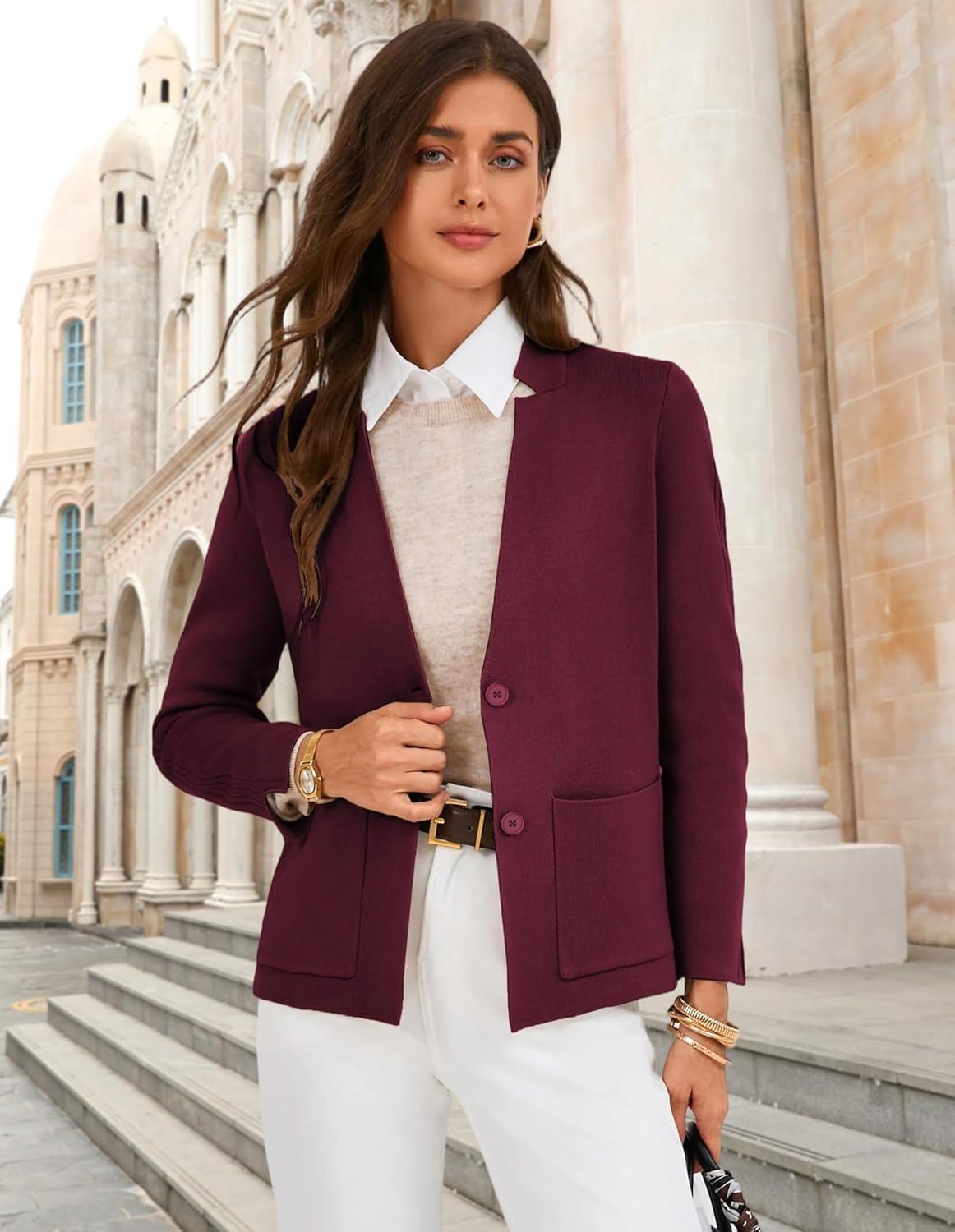 imageGRACE KARIN Women Sweater Blazer Business Casual Knit Cardigan 2026 Long Sleeve Suit Jackets Work Blazers with PocketsWine Red