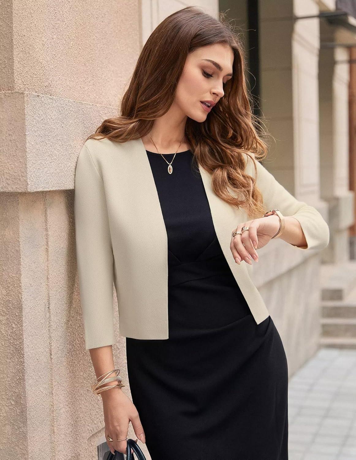 imageGRACE KARIN Womens 34 Sleeve Cropped Cardigan Sweater Lightweight Open Front Dressy Causal Shrug Spring FashionApricot