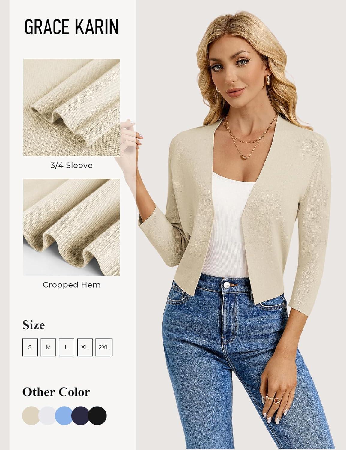 imageGRACE KARIN Womens 34 Sleeve Cropped Cardigan Sweater Lightweight Open Front Dressy Causal Shrug Spring FashionApricot