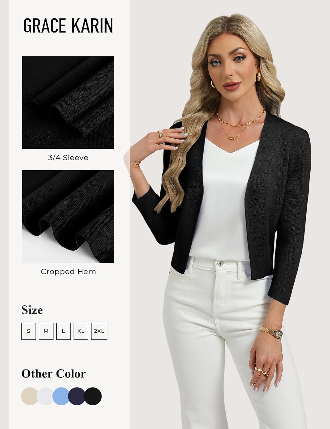 imageGRACE KARIN Womens 34 Sleeve Cropped Cardigan Sweater Lightweight Open Front Dressy Causal Shrug Spring FashionBlack