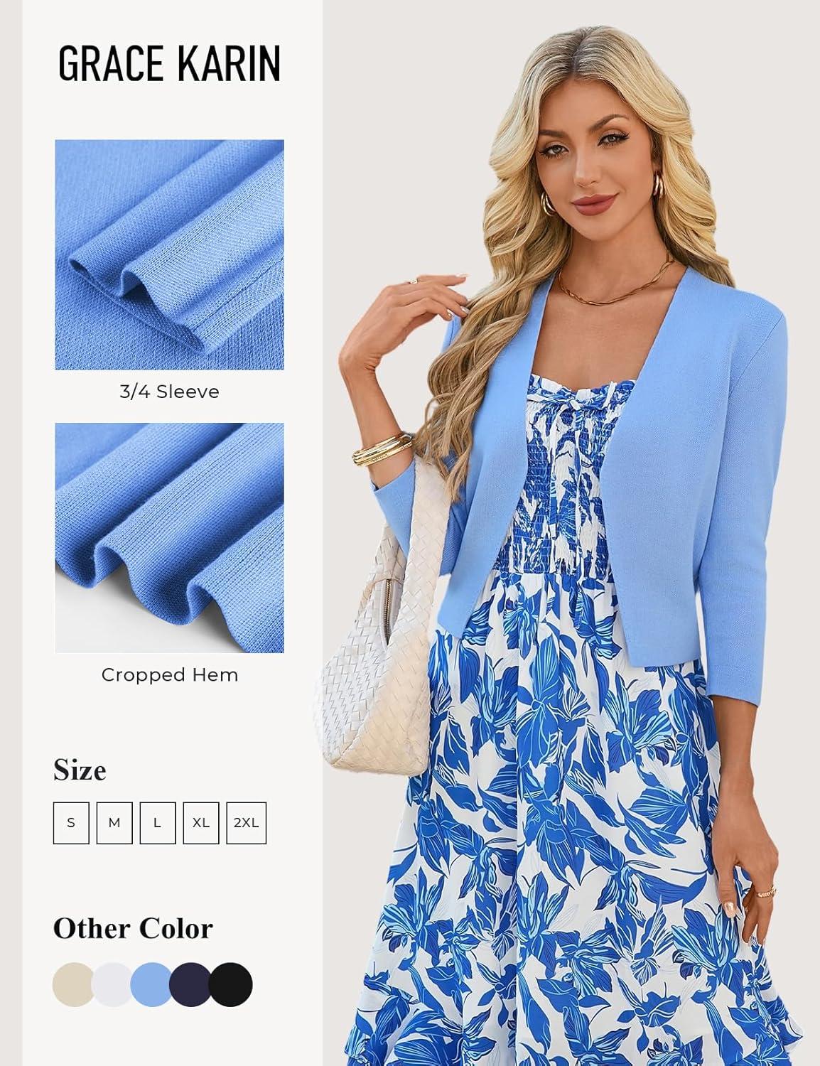 imageGRACE KARIN Womens 34 Sleeve Cropped Cardigan Sweater Lightweight Open Front Dressy Causal Shrug Spring FashionBlue