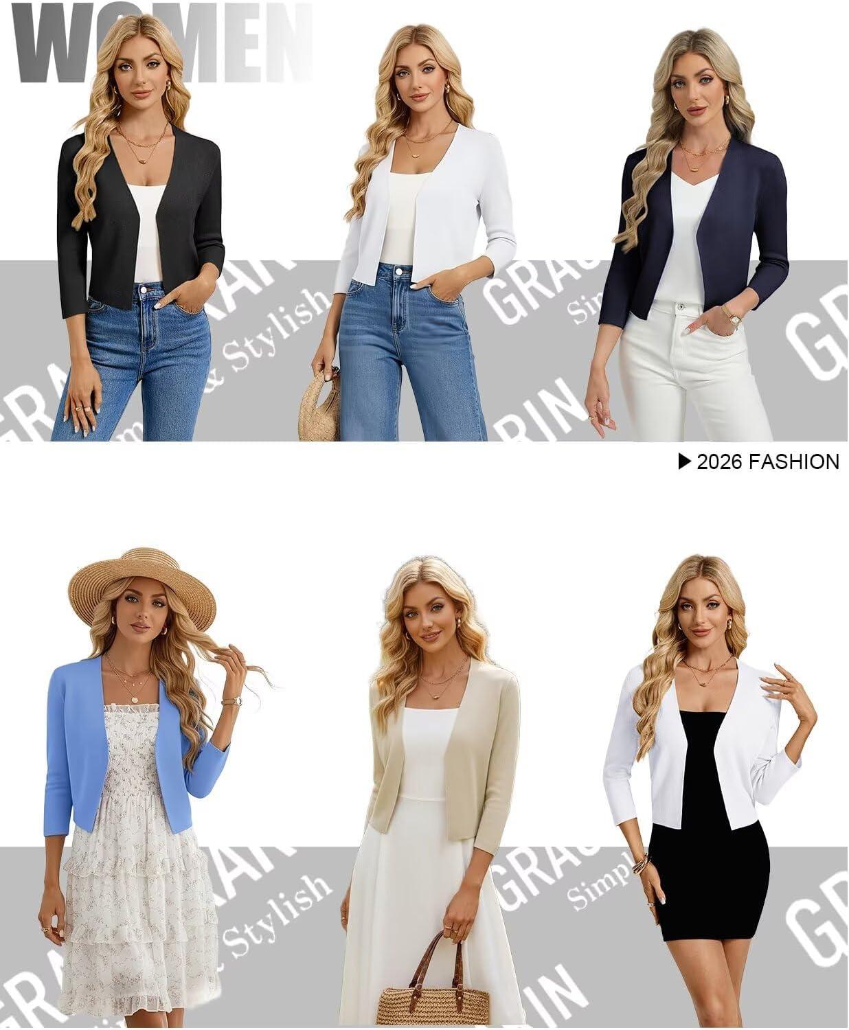 imageGRACE KARIN Womens 34 Sleeve Cropped Cardigan Sweater Lightweight Open Front Dressy Causal Shrug Spring FashionNavy Blue