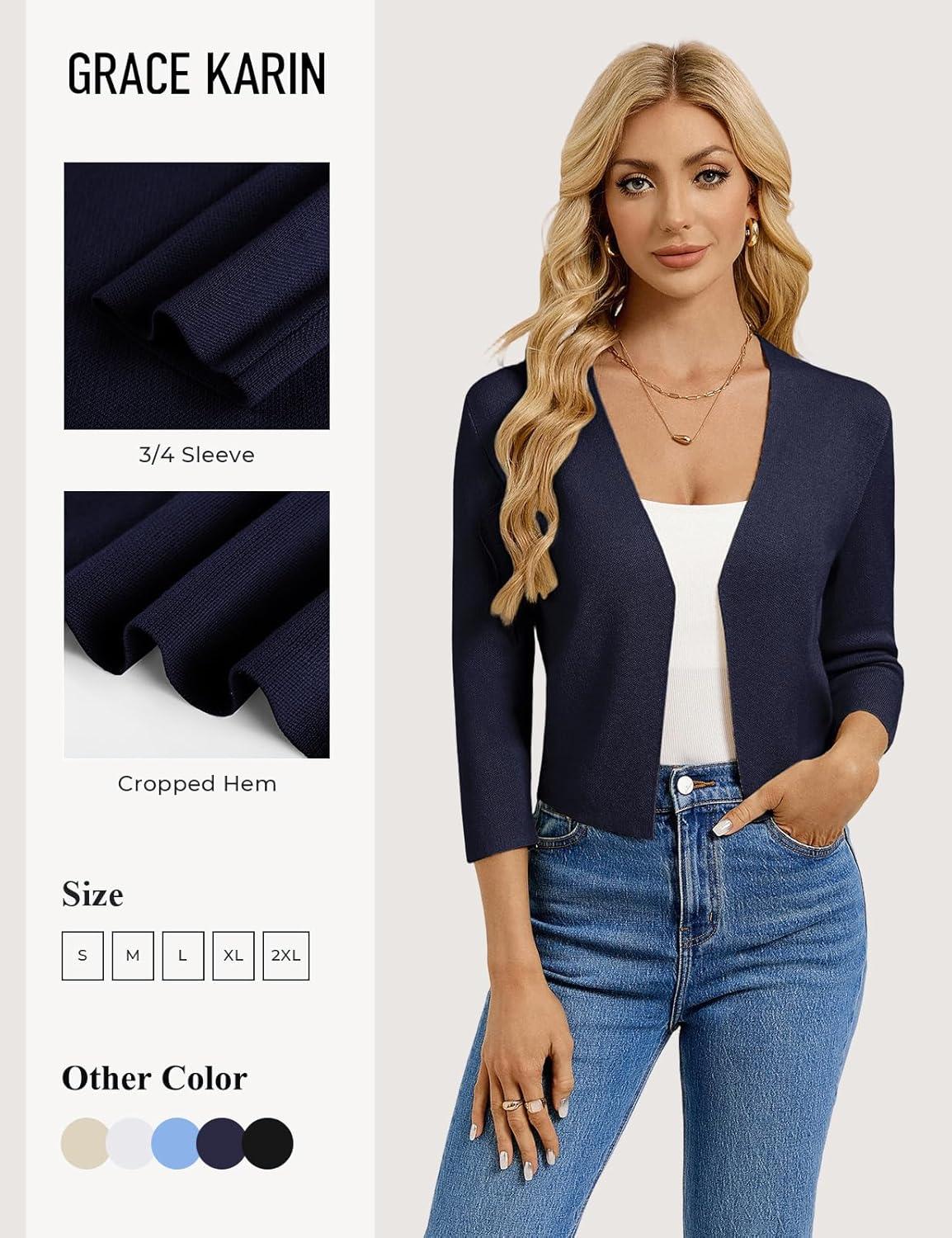 imageGRACE KARIN Womens 34 Sleeve Cropped Cardigan Sweater Lightweight Open Front Dressy Causal Shrug Spring FashionNavy Blue