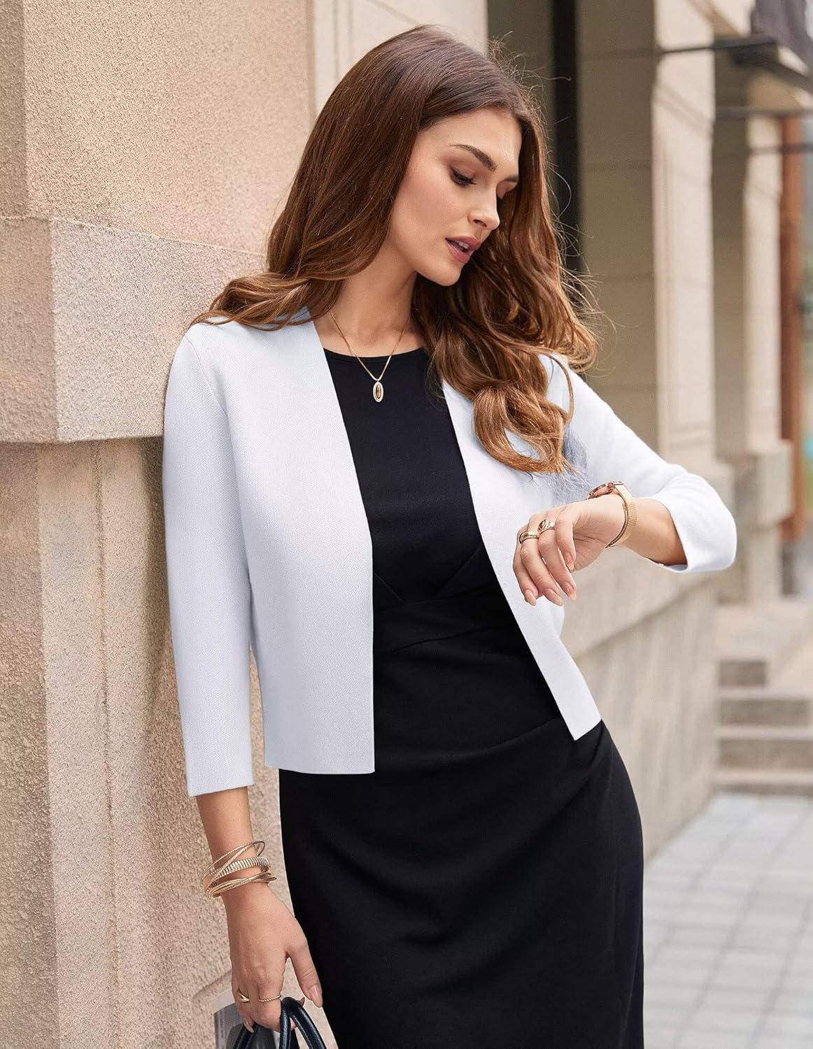 imageGRACE KARIN Womens 34 Sleeve Cropped Cardigan Sweater Lightweight Open Front Dressy Causal Shrug Spring FashionWhite