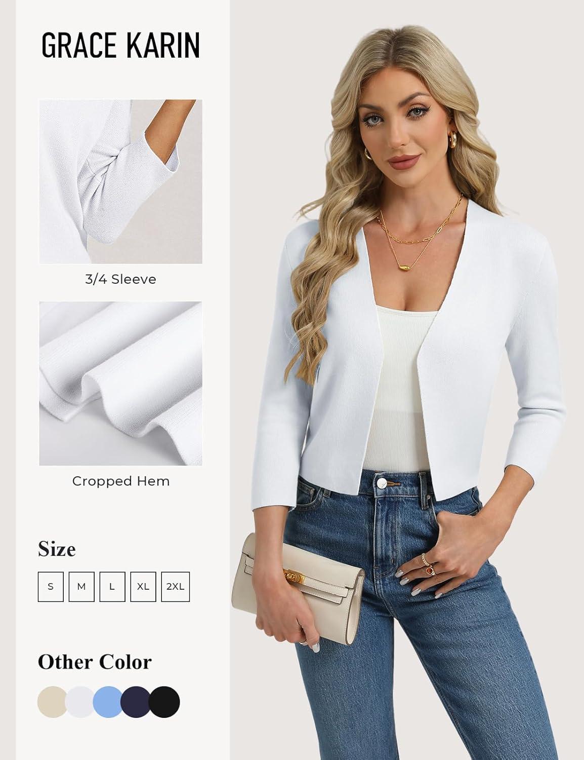 imageGRACE KARIN Womens 34 Sleeve Cropped Cardigan Sweater Lightweight Open Front Dressy Causal Shrug Spring FashionWhite