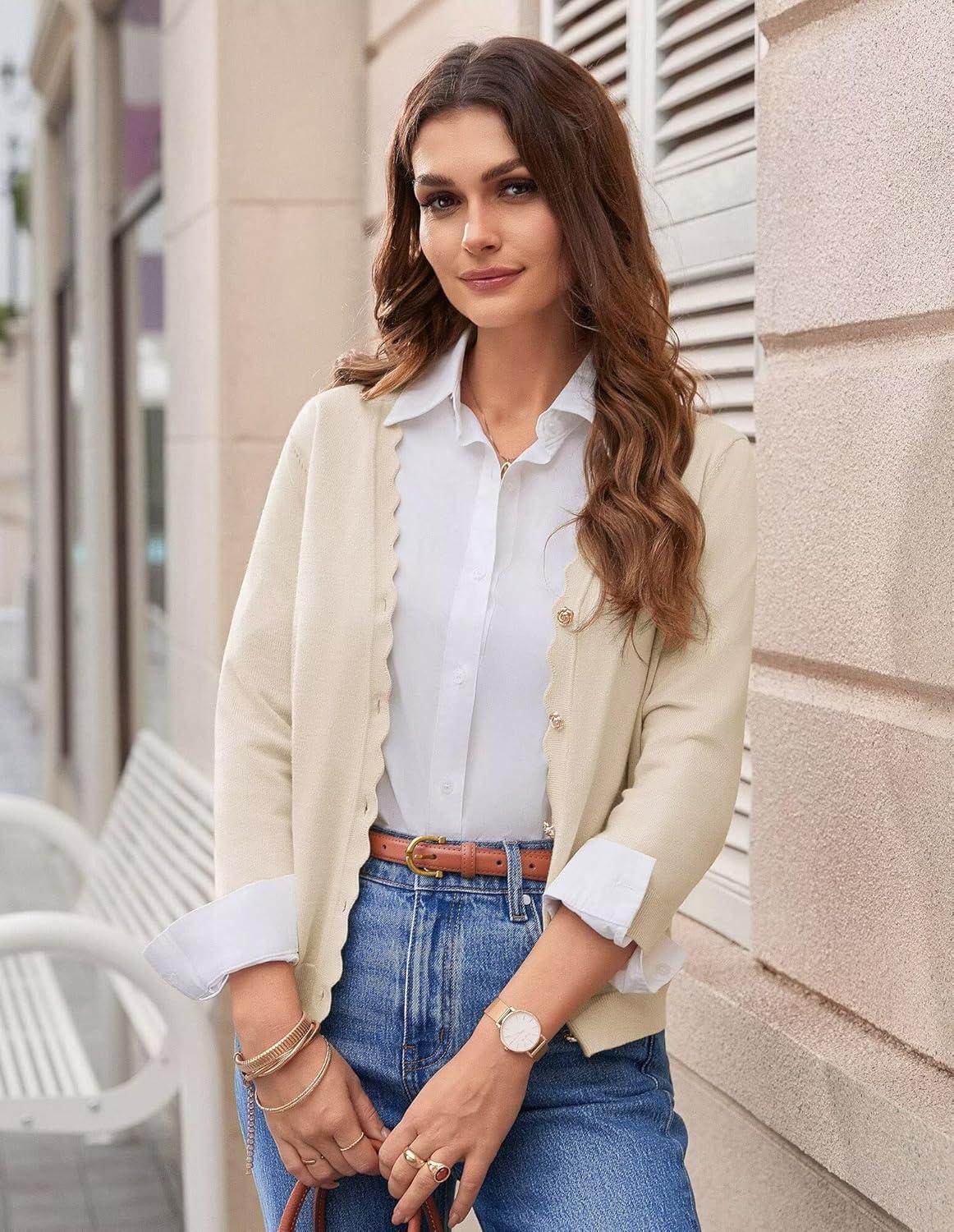imageGRACE KARIN Womens 34 Sleeve V Neck Button Down Lightweight Cardigan Sweater Open Front Dressy Shrugs Spring FashionApricot
