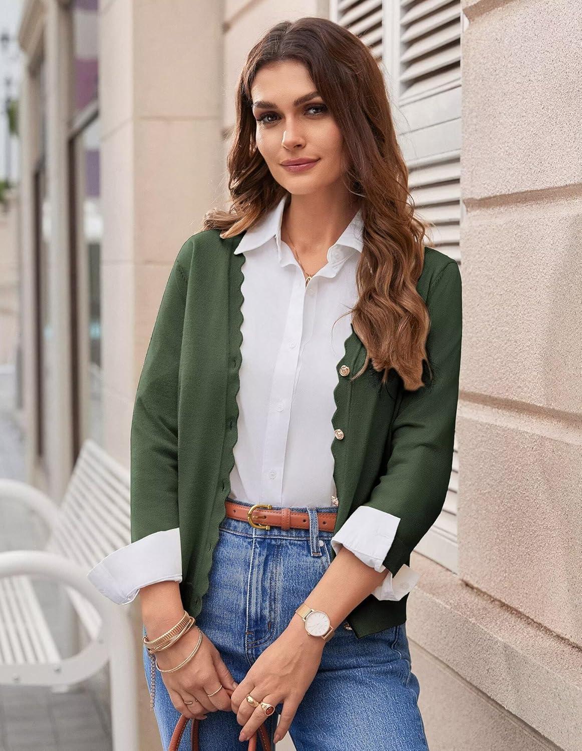 imageGRACE KARIN Womens 34 Sleeve V Neck Button Down Lightweight Cardigan Sweater Open Front Dressy Shrugs Spring FashionArmy Green