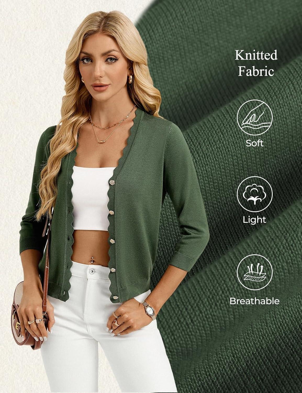 imageGRACE KARIN Womens 34 Sleeve V Neck Button Down Lightweight Cardigan Sweater Open Front Dressy Shrugs Spring FashionArmy Green