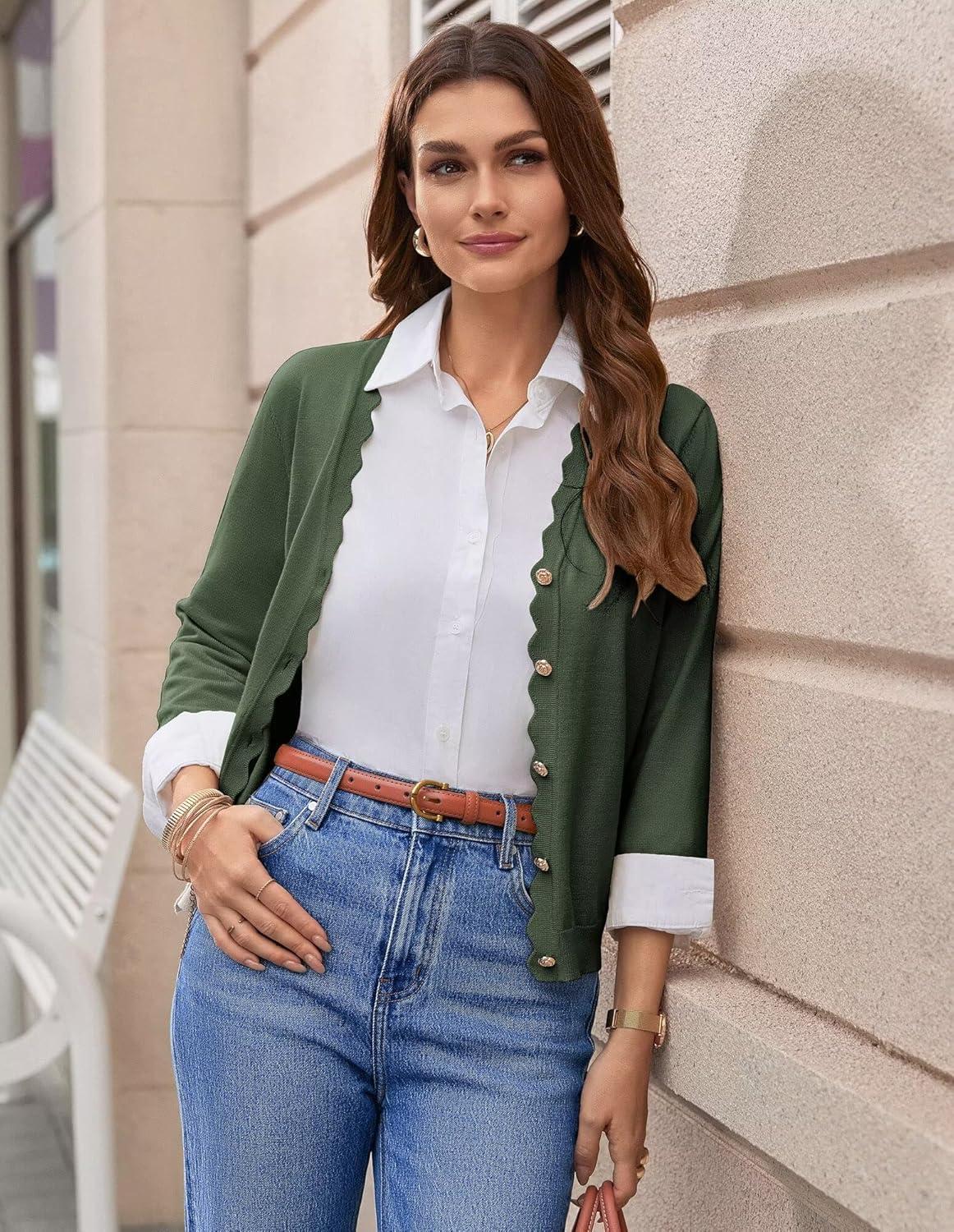 imageGRACE KARIN Womens 34 Sleeve V Neck Button Down Lightweight Cardigan Sweater Open Front Dressy Shrugs Spring FashionArmy Green