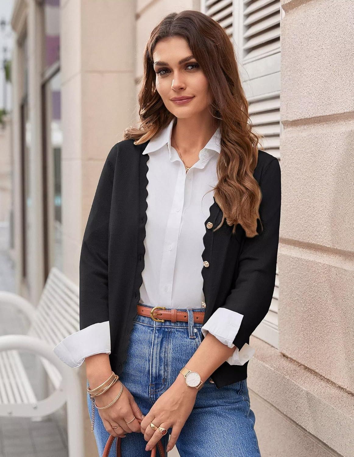 imageGRACE KARIN Womens 34 Sleeve V Neck Button Down Lightweight Cardigan Sweater Open Front Dressy Shrugs Spring FashionBlack