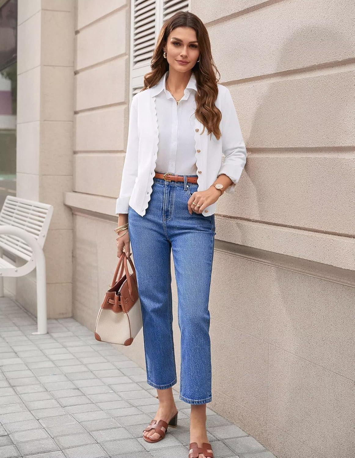 imageGRACE KARIN Womens 34 Sleeve V Neck Button Down Lightweight Cardigan Sweater Open Front Dressy Shrugs Spring FashionWhite
