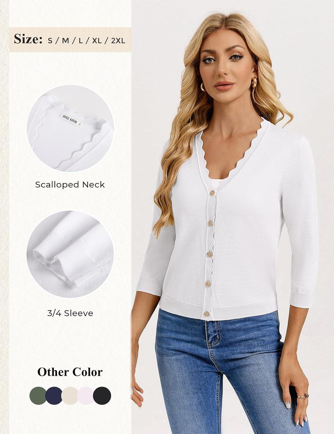 imageGRACE KARIN Womens 34 Sleeve V Neck Button Down Lightweight Cardigan Sweater Open Front Dressy Shrugs Spring FashionWhite
