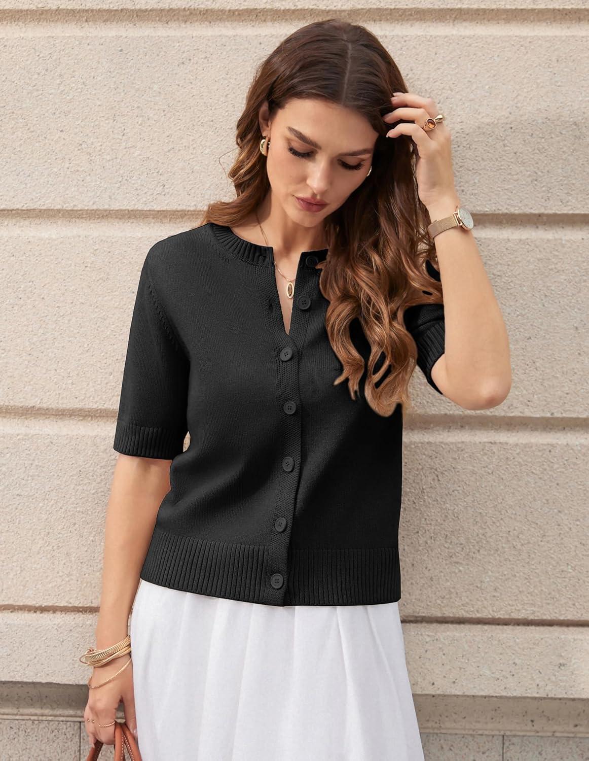 imageGRACE KARIN Womens Casual Short Sleeve Cardigan Lightweight Summer Cardigan Sweater 2026 Button Up Cropped Shrug SweaterBlack